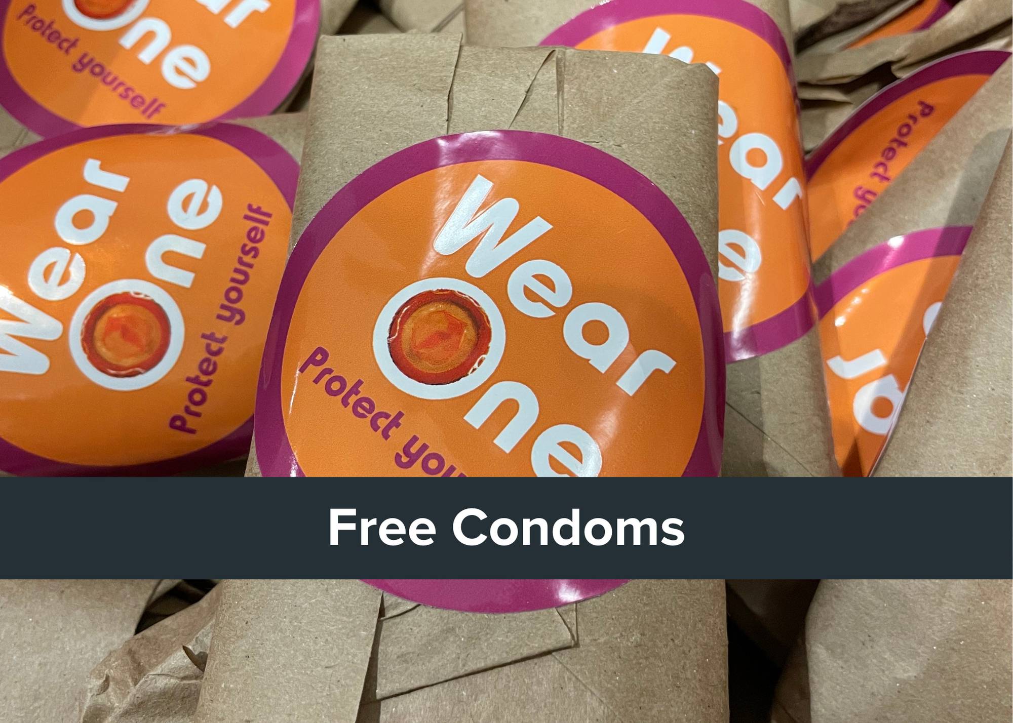 Says "free condoms" with photo of Wear One condoms